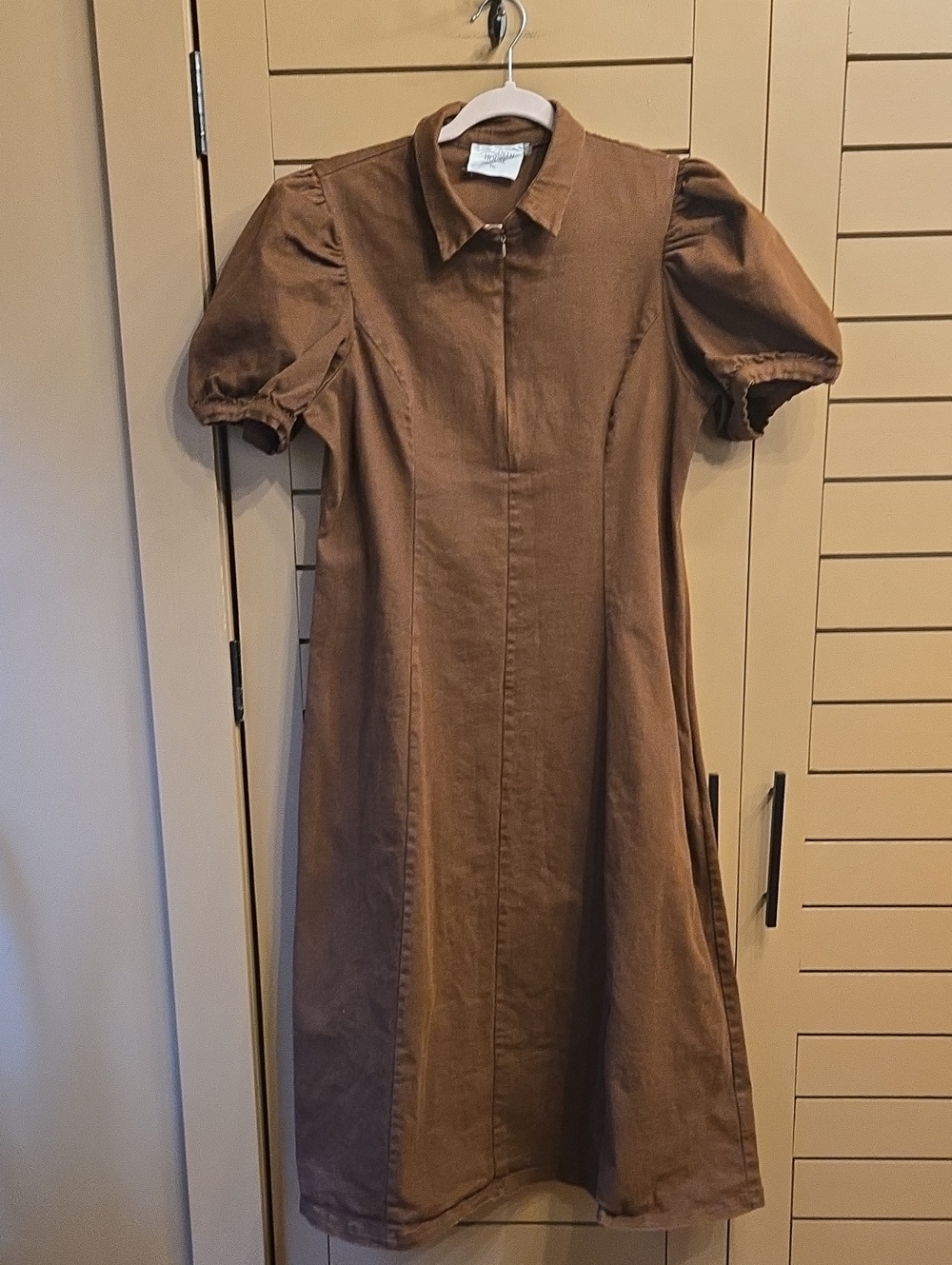 Hyacinth House Brown Puff Sleeve Front Zip Midi Dress Size XXL (see Meas) - Picture 2 of 8